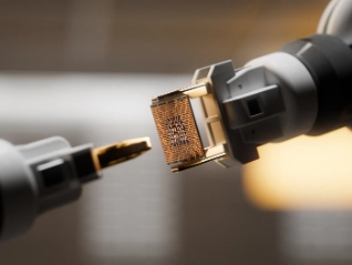 Robotic arm engraving a computer chip