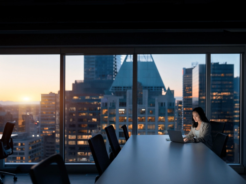 Woman working from desk in the evening