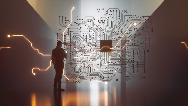 ICT worker with circuit board 