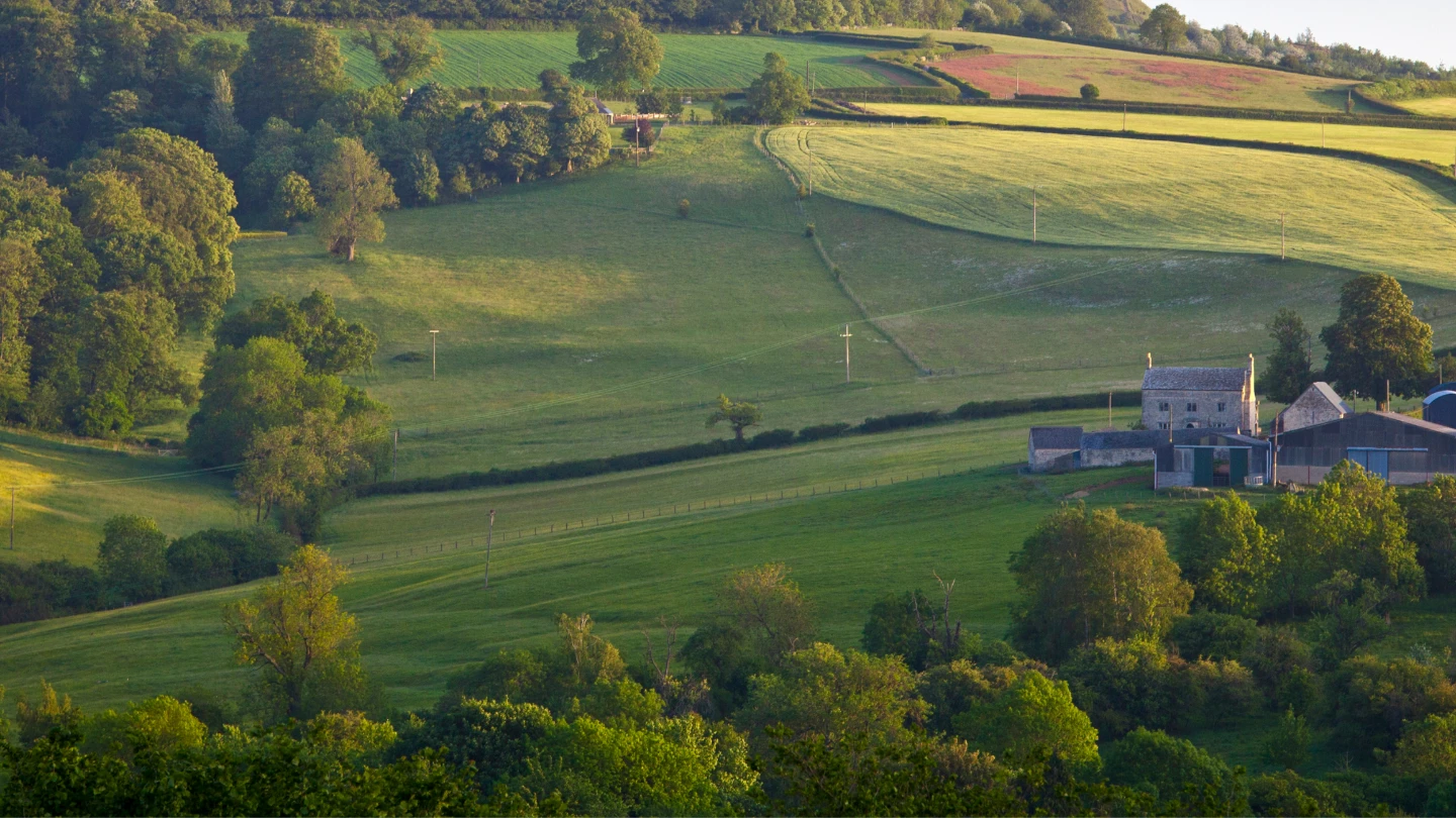 Sun rising over a farmhouse and field 