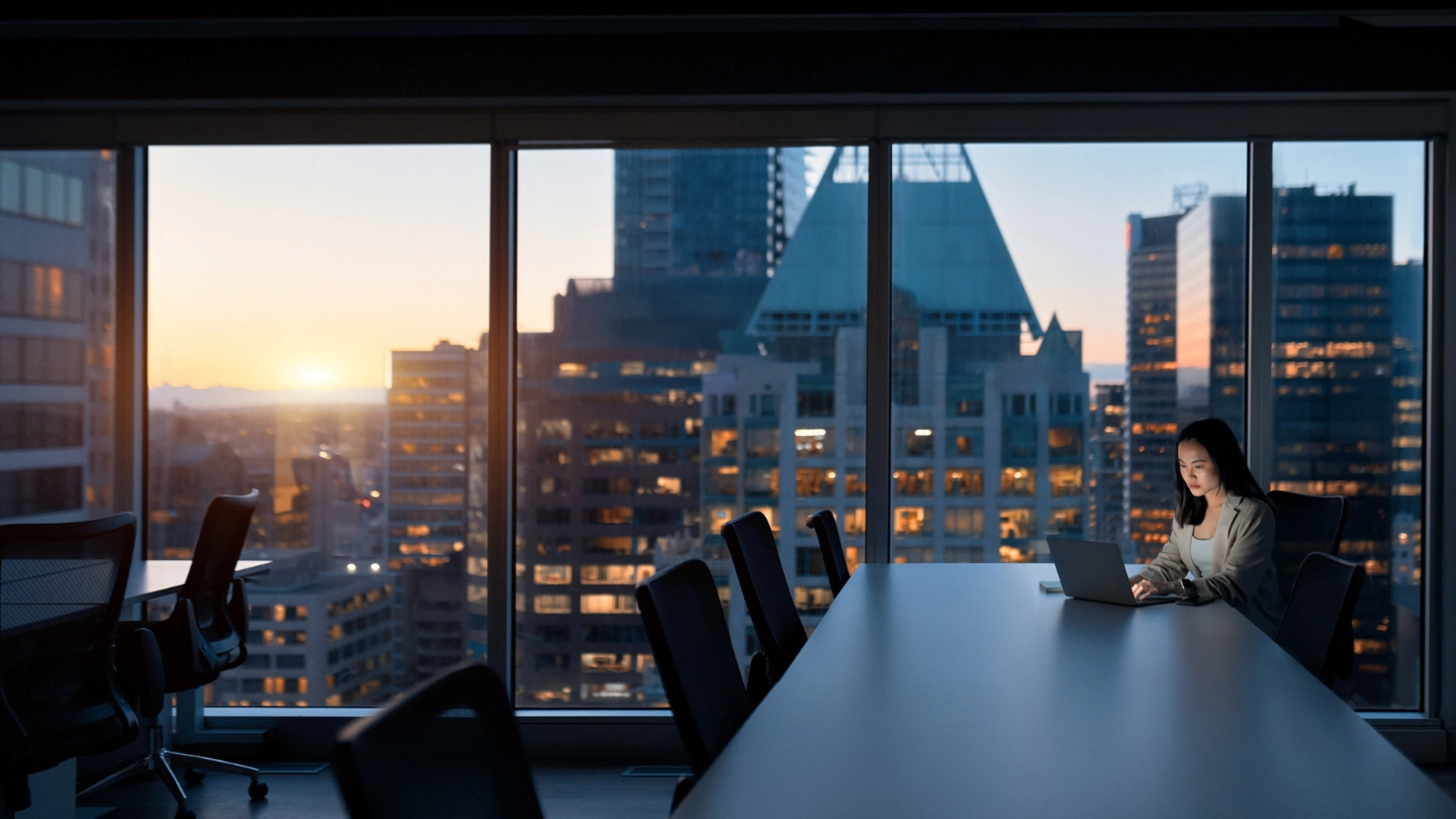 shutterstock_2347187217 Woman working from desk in the evening