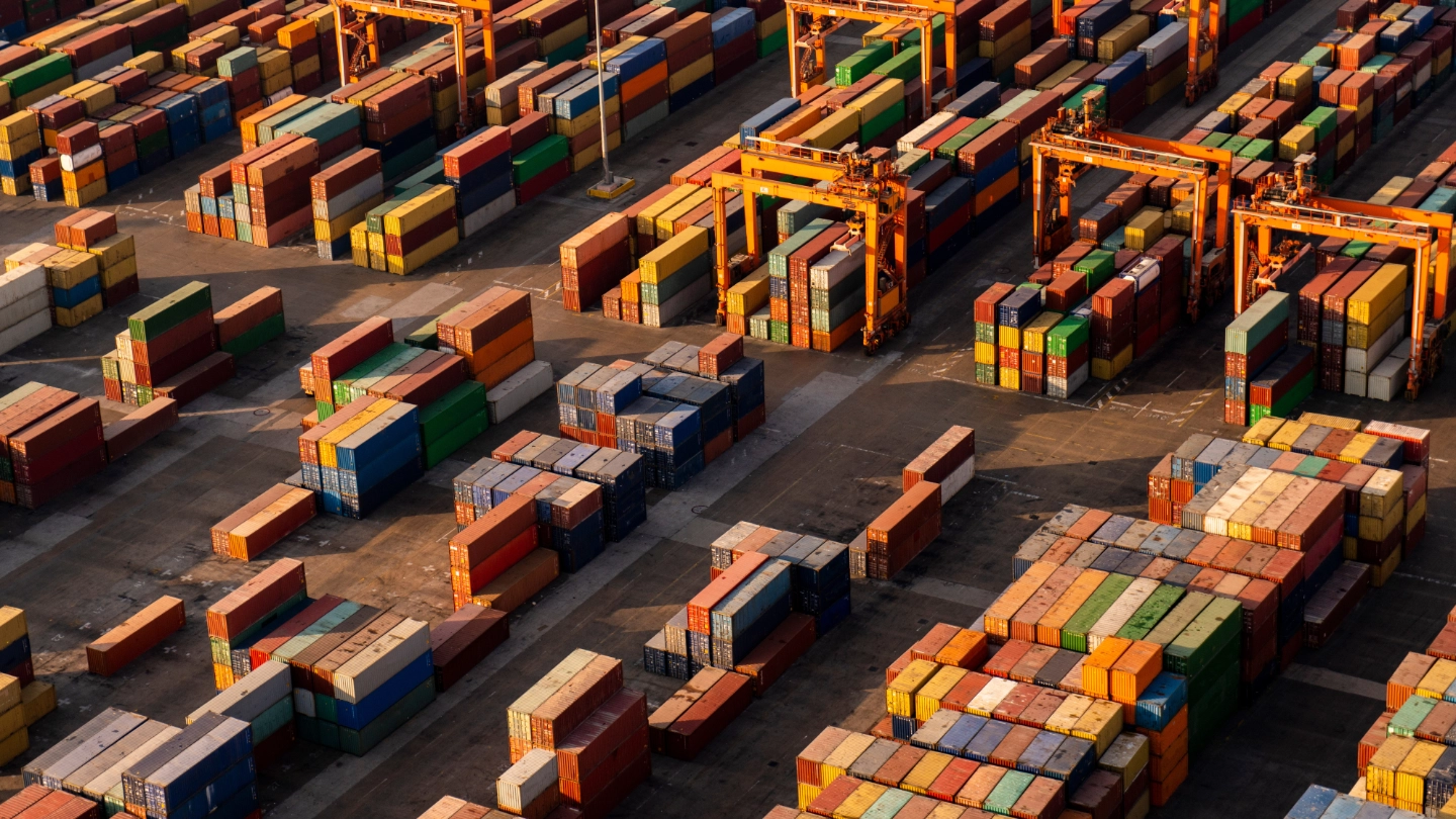 Aerial view of shipping containers in docks