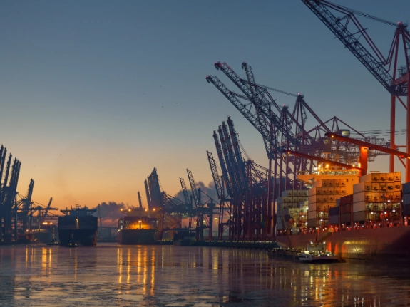 container terminal in the port of Hamburg in the morning
