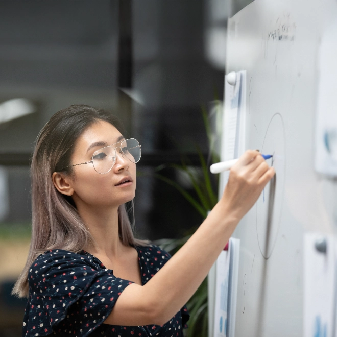Woman writing on a whiteboard
