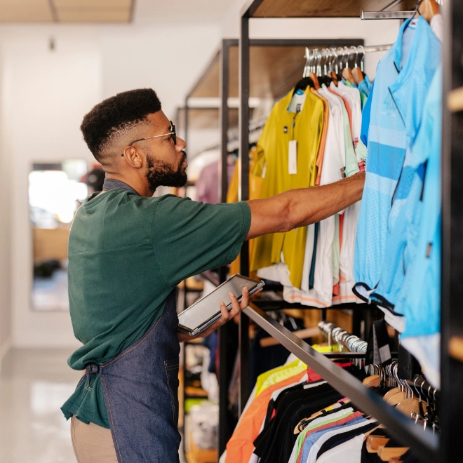 Male shop worker looking at inventory
